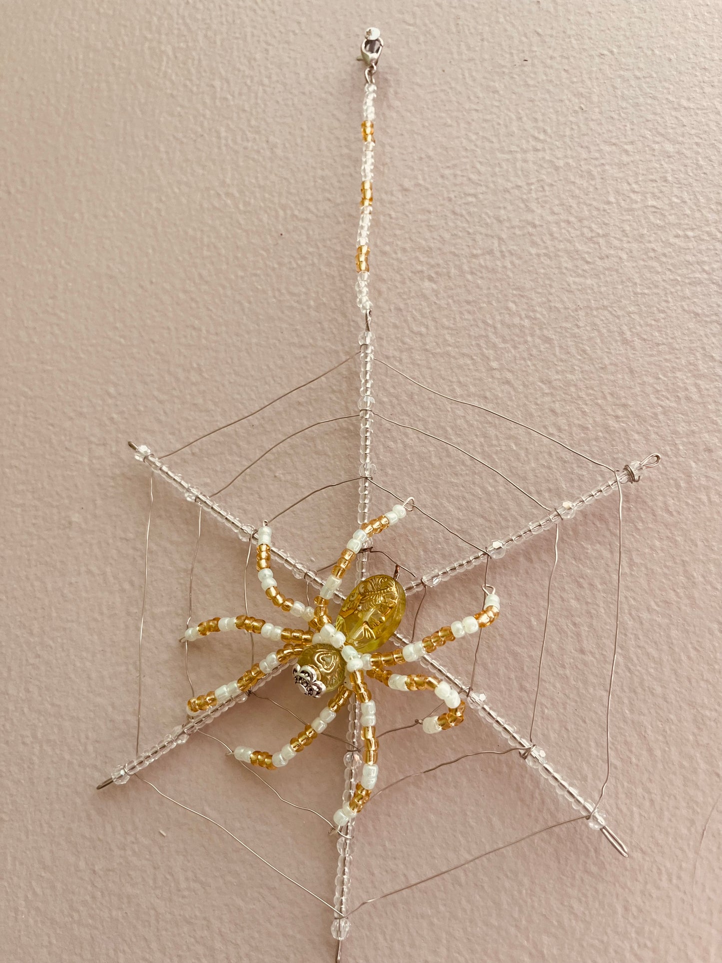 ✨🕸️ Handmade Silver, Gold & Light Green Beaded Spider on a Wire Web 🕸️✨