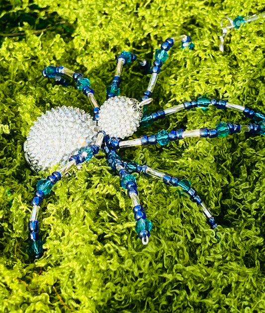 ✨ Handmade Silver & Blue Beaded Spider ✨