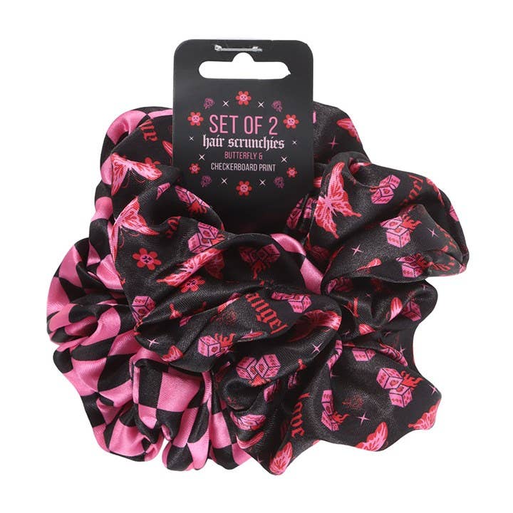 Set of 2 Pink Y2K Butterfly and Checkerboard Hair Scrunchies