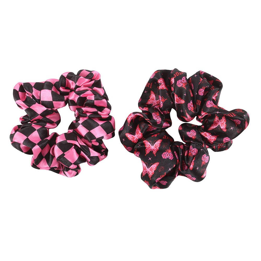 Set of 2 Pink Y2K Butterfly and Checkerboard Hair Scrunchies