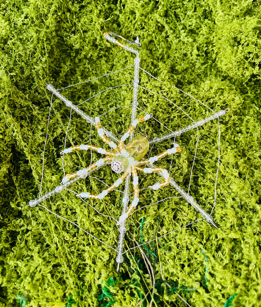 ✨🕸️ Handmade Silver, Gold & Light Green Beaded Spider on a Wire Web 🕸️✨