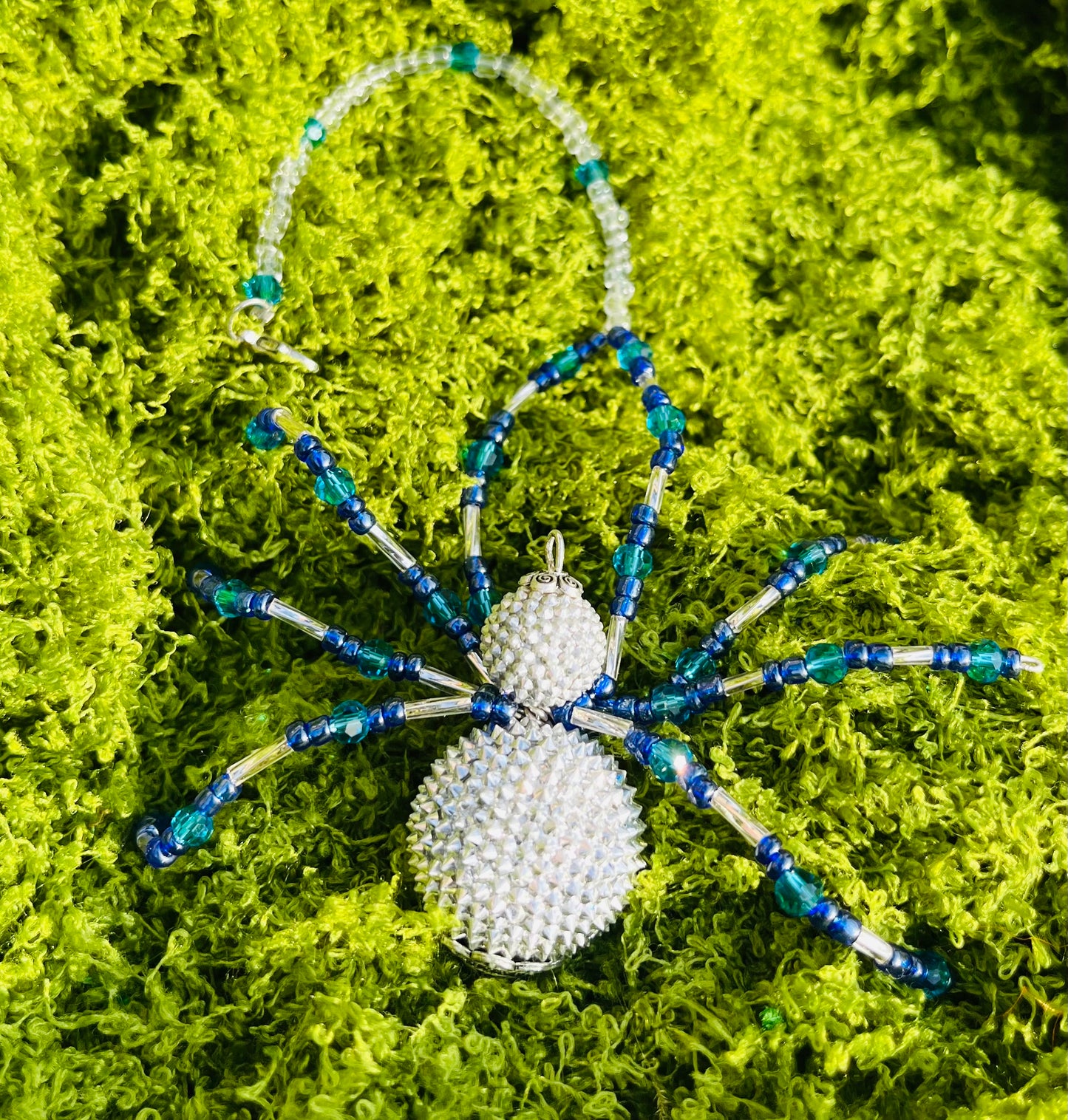 ✨ Handmade Silver & Blue Beaded Spider ✨