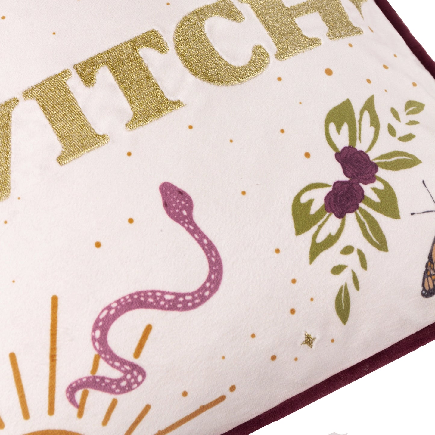 Good Witch Embroidered Velvet Cushion Angel White
