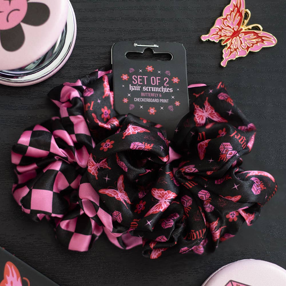 Set of 2 Pink Y2K Butterfly and Checkerboard Hair Scrunchies